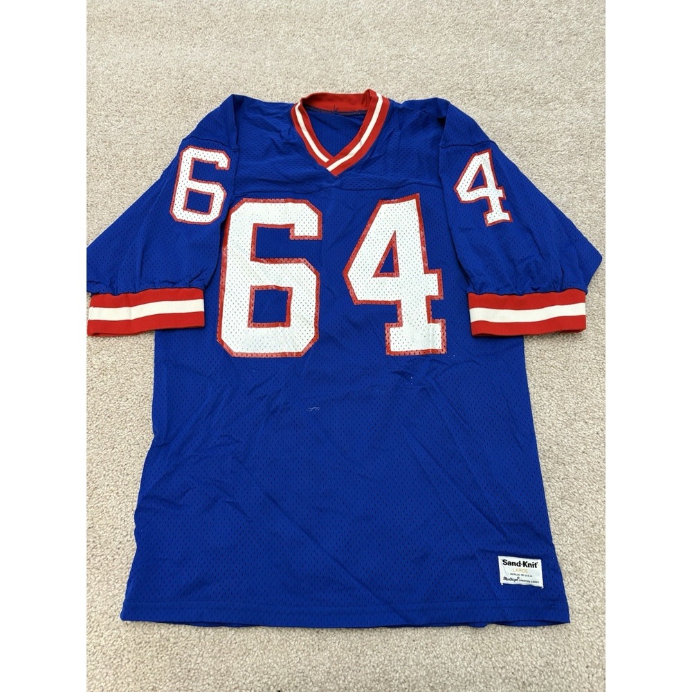 VTG 80s Macgregor Sand Knit New York Giants Paint Jersey Cuffed Blue Size L USA
